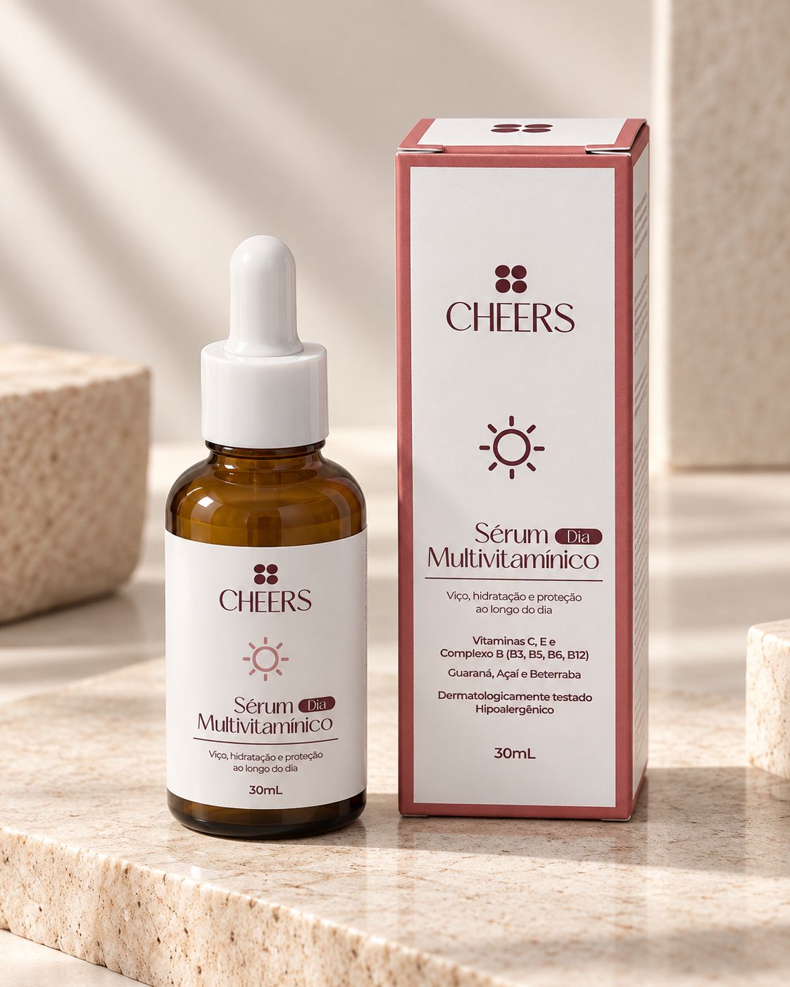 Sérum Multivitamínico Dia Cheers 30 mL, frasco e caixa