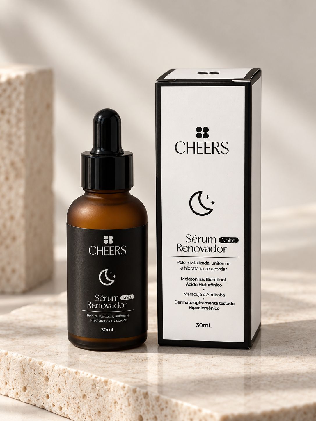 Sérum Renovador Noite Cheers 30 mL, frasco âmbar fosco com conta-gotas preto e caixa preta e branca